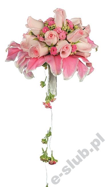 Wdzieczna wiązanka ślubna utrzymana w pastelowo-różowej tonacji. Do jej ułożenia posłużyły, róże, lilie oraz Kalanchoe. Ozdobę aranżacji stanowi malowniczy „ogon” wykonany ze srebrnego drucika, na który nanizano nierozwinięte kwiaty Kalanchoe.  

Autor: Aneta Kołacz
Fot.: J. Kiedrowski